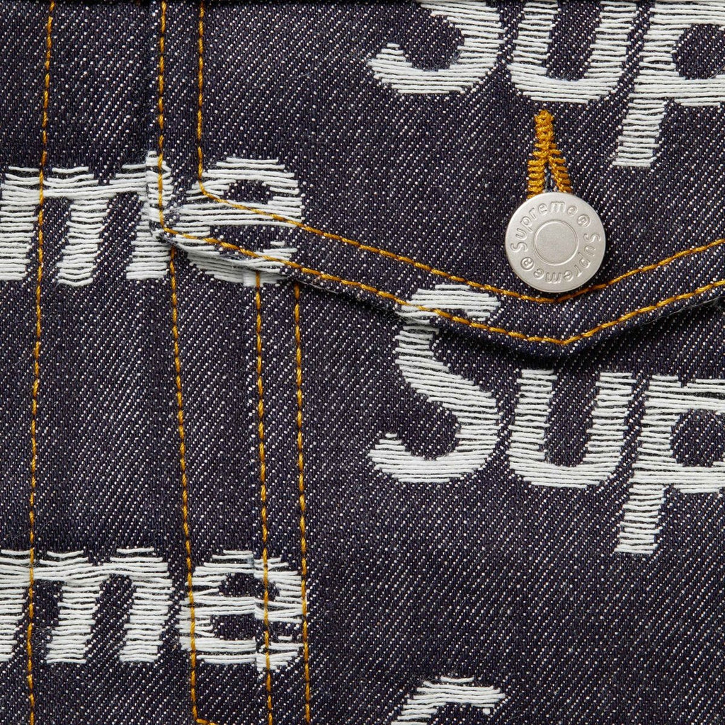 SUPREME JACQUARD LOGOS DENIM TRUCKER JACKET-RIGID INDIGO - Popcorn
