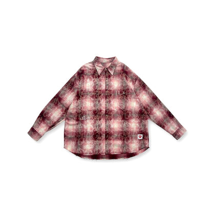 2ND CLOSET LOVE PEACE SMILEY PRINTED FLANNEL SHIRT-PINK