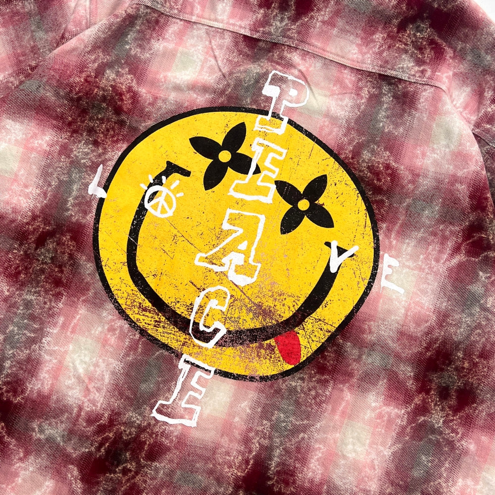 2ND CLOSET LOVE PEACE SMILEY PRINTED FLANNEL SHIRT-PINK