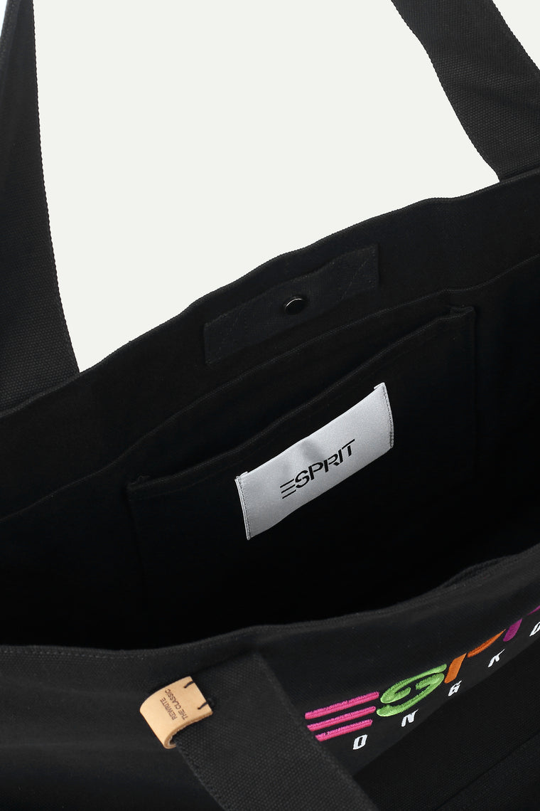 ESPRIT CANVAS COLOUR-EMBROIDERED TOTE BAG-BLACK