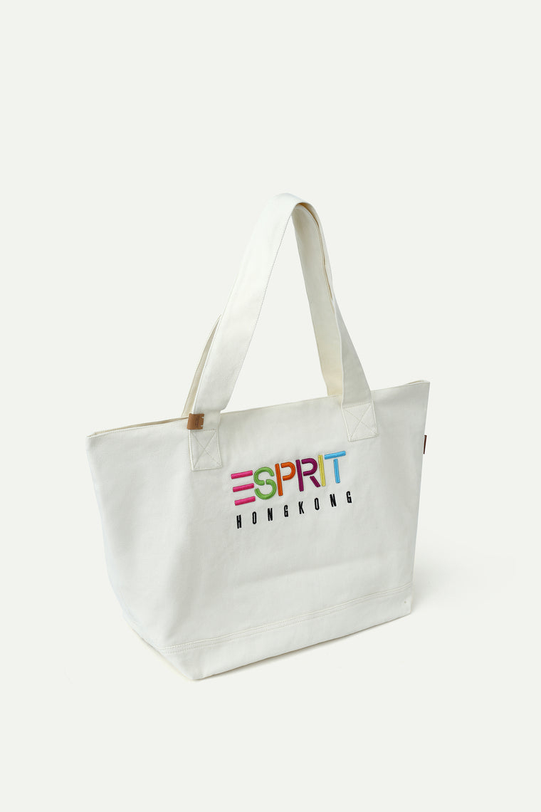 ESPRIT CANVAS COLOUR-EMBROIDERED TOTE BAG-ECRU