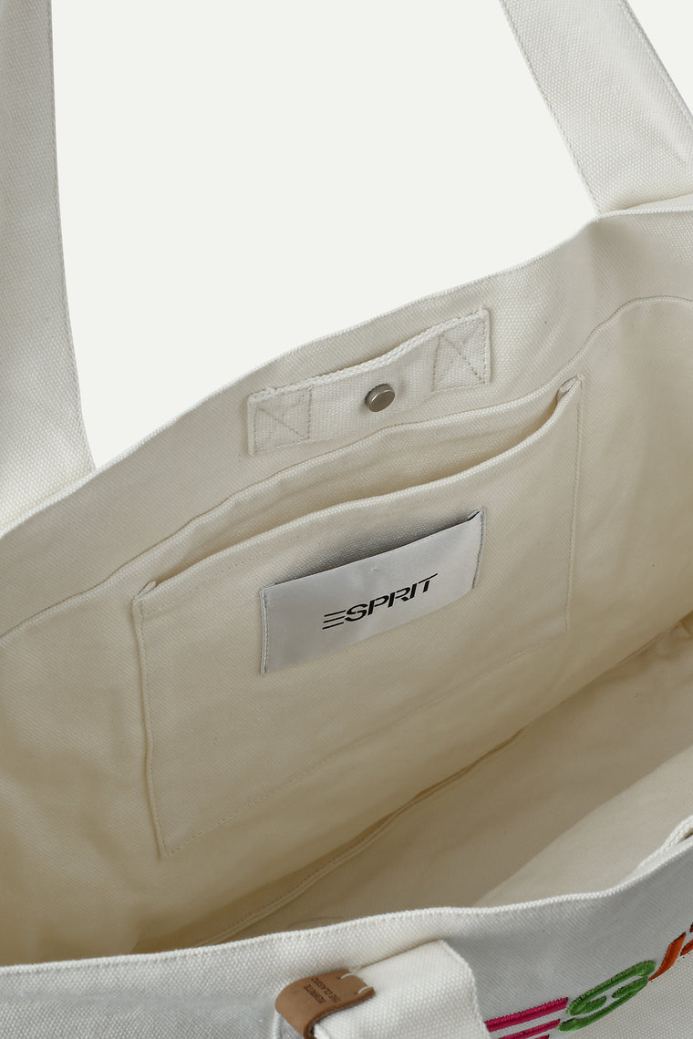 ESPRIT CANVAS COLOUR-EMBROIDERED TOTE BAG-ECRU