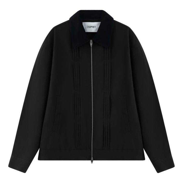 ESPRIT CONTRAST COLLAR PLEATED ZIP-UP JACKET-BLACK