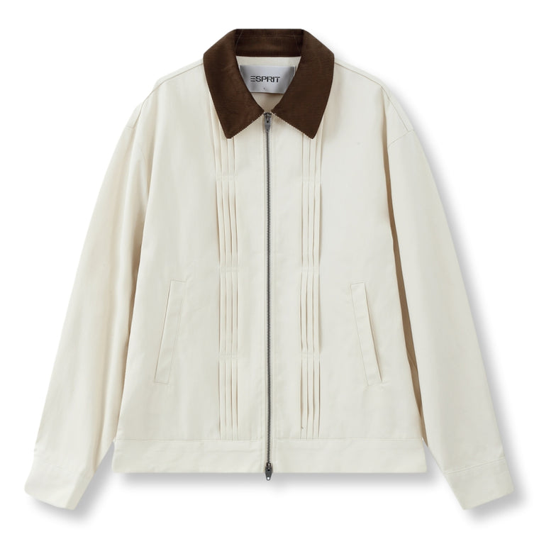 ESPRIT CONTRAST COLLAR PLEATED ZIP-UP JACKET-ECRU