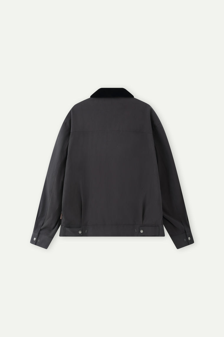 ESPRIT CONTRAST COLLAR PLEATED ZIP-UP JACKET-DARK GREY