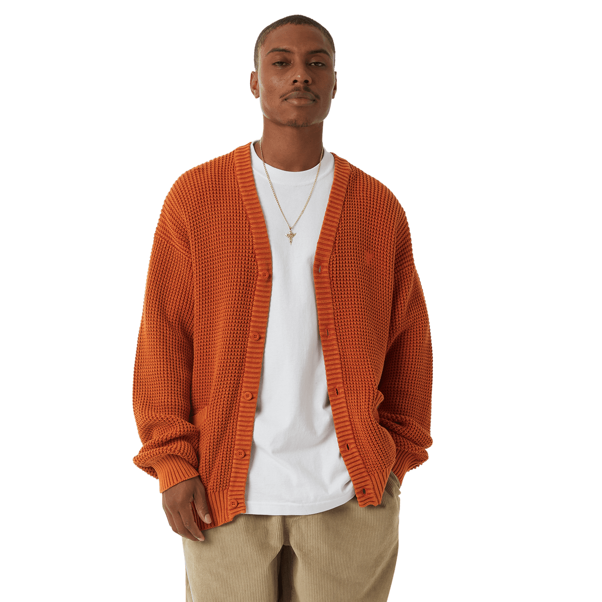 HUF COOLIDGE WAFFLE CARDIGAN-RUST