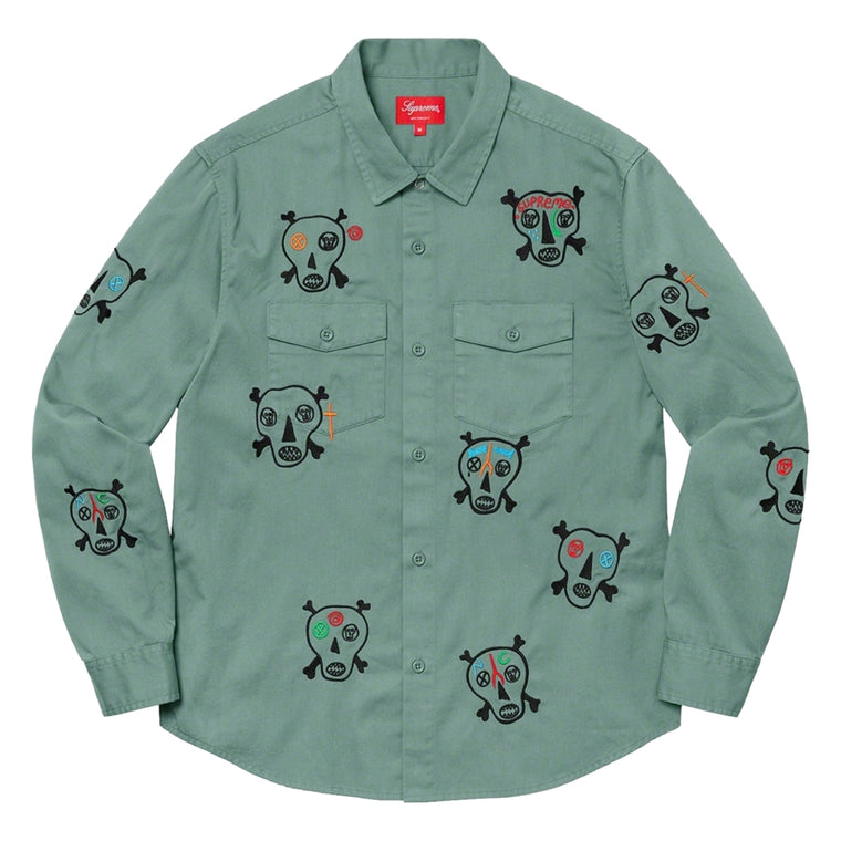 SUPREME SKULL EMBROIDERED WORK SHIRT-TEAL