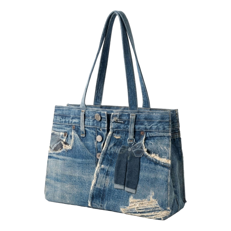 ESPRIT DECONSTRUCTED DENIM VINTAGE TOTE BAG-DENIM BLUE
