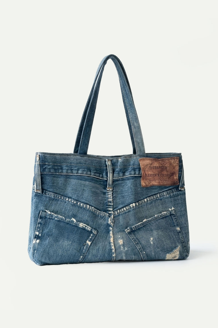 ESPRIT DECONSTRUCTED DENIM VINTAGE TOTE BAG-DENIM BLUE