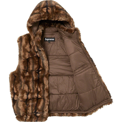 SUPREME FAUX FUR HOODED VEST-BROWN
