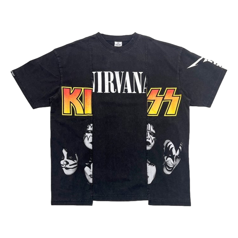 2ND CLOSET KISS THE BANDS RE-CONSTRUCTED WASHED T-SHIRT-BLACK