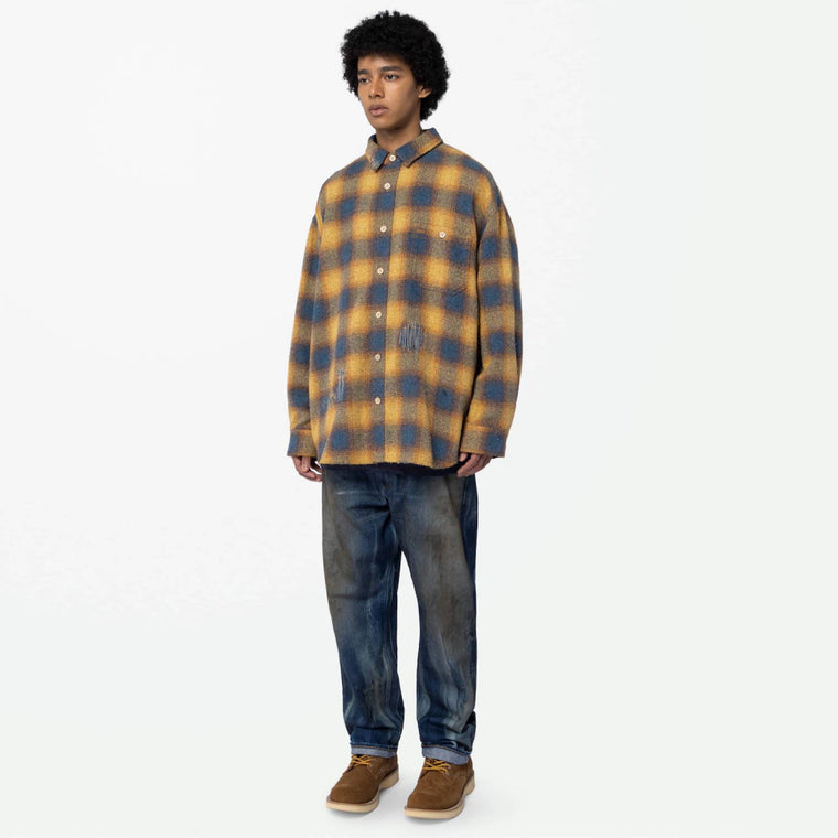 MADNESS JAZZ-NEP DISTRESSED FLANNEL BD SHIRT (MADE IN JAPAN)-GOLDEN ORANGE