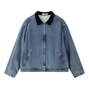 ESPRIT MEN'S CORDUROY COLLAR ZIP-UP DENIM JACKET-DENIM BLUE