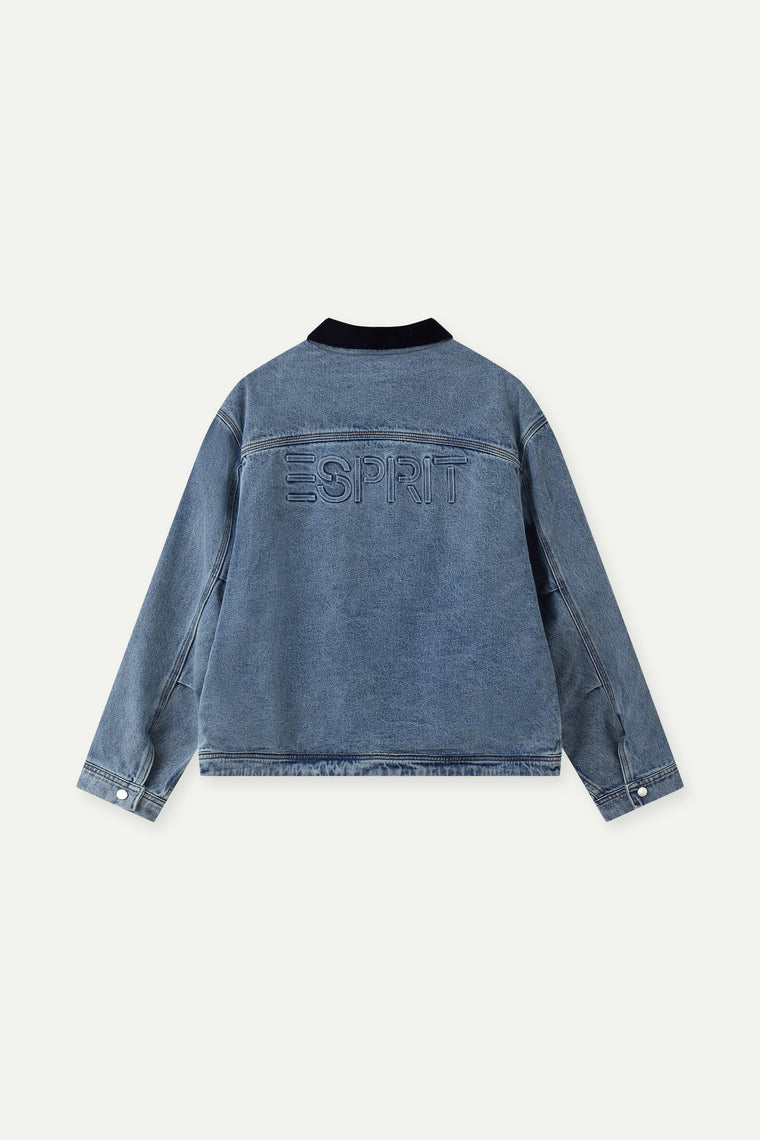 ESPRIT MEN'S CORDUROY COLLAR ZIP-UP DENIM JACKET-DENIM BLUE