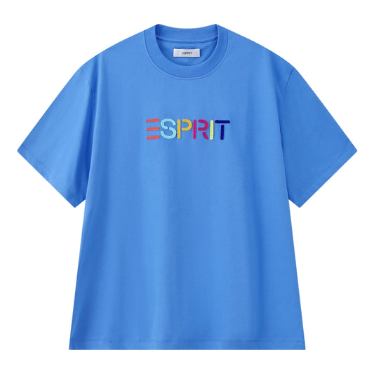 ESPRIT MULTICOLOUR EMBROIDERED LOGO CREW NECK T-SHIRT（UNISEX）-BLUE
