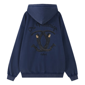 ORI FREDERIQO WASHED PRINTED ZIP UP TERRY HOODED SWEATSHIRT-BLUE
