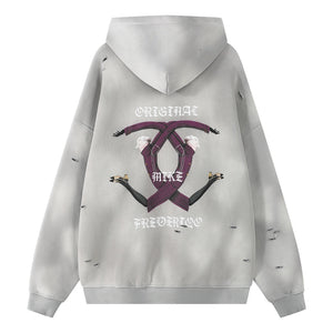ORI FREDERIQO WASHED PRINTED ZIP UP TERRY HOODED SWEATSHIRT-GREY