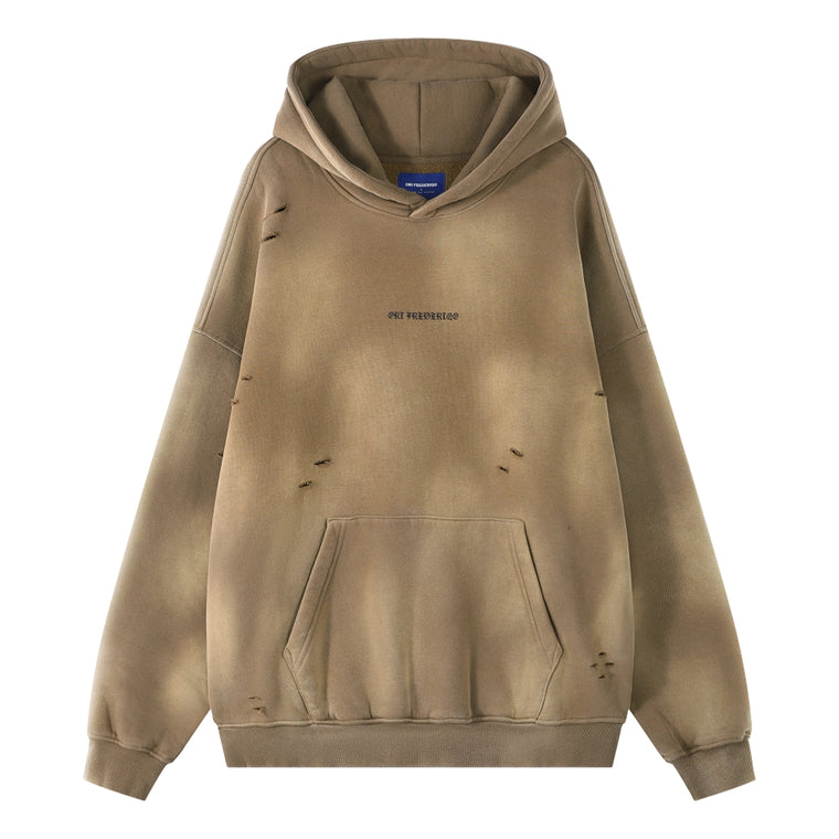 ORI FREDERIQO WASHED PRINTED ZIP UP TERRY HOODED SWEATSHIRT-KHAKI