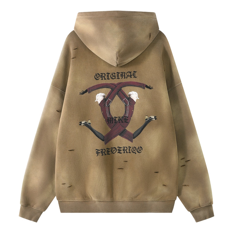 ORI FREDERIQO WASHED PRINTED ZIP UP TERRY HOODED SWEATSHIRT-KHAKI