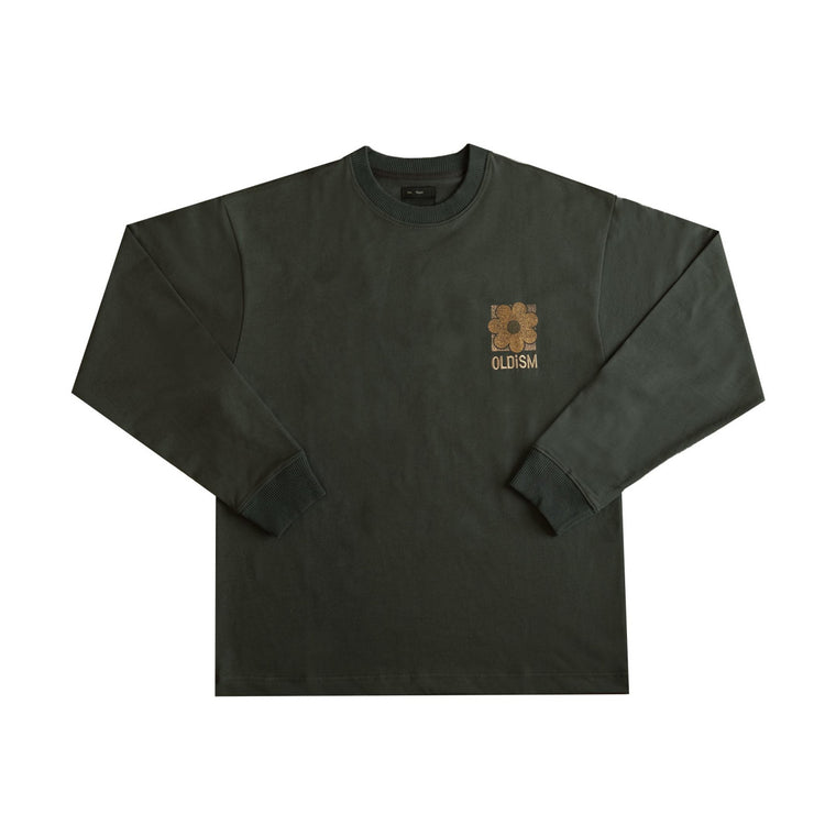 OLDISM OVERSIZE EMBROIDERY CRACK SUNFLOWER L/S TEE-OLIVE