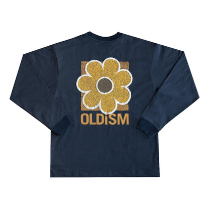 OLDISM OVERSIZE EMBROIDERY CRACK SUNFLOWER L/S TEE-BLUE