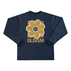 OLDISM OVERSIZE EMBROIDERY CRACK SUNFLOWER L/S TEE-BLUE