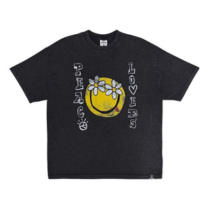 2ND CLOSET "PEACE LOVERS SMILEY" WASHED T-SHIRT-WASHED BLACK