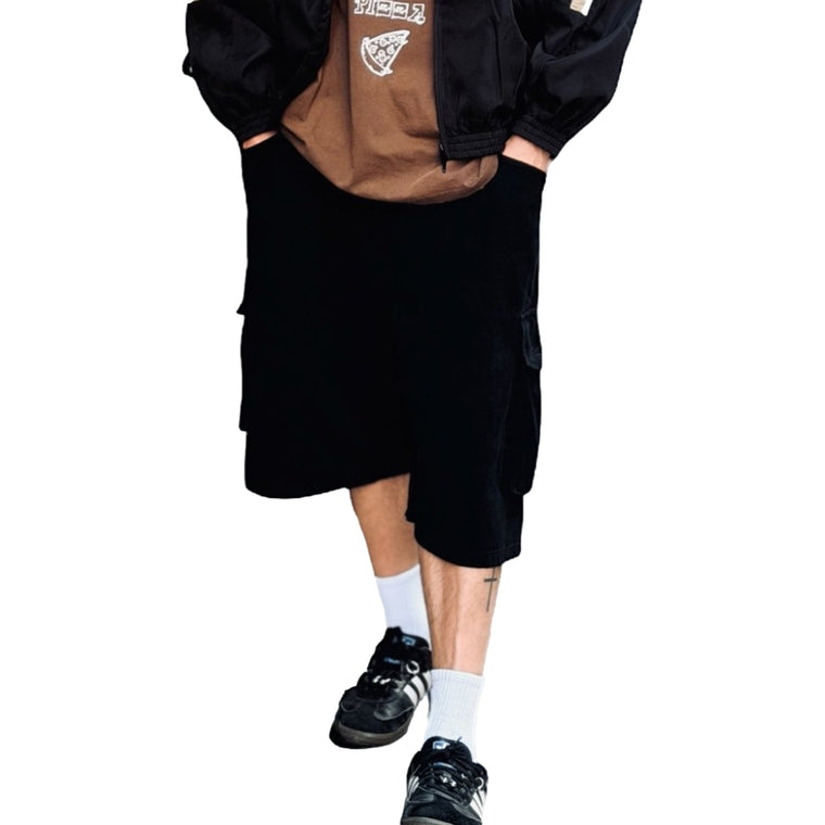 2ND CLOSET "PEACE LOVERS" WIDE-LEG CARGO SHORTS-BLACK