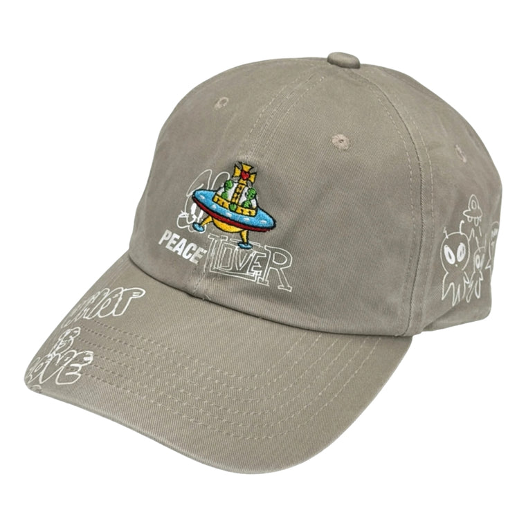 2ND CLOSET “PEACE LOVES ALIENS GRAFFITI- WASHED CAP-WASHED BEIGE