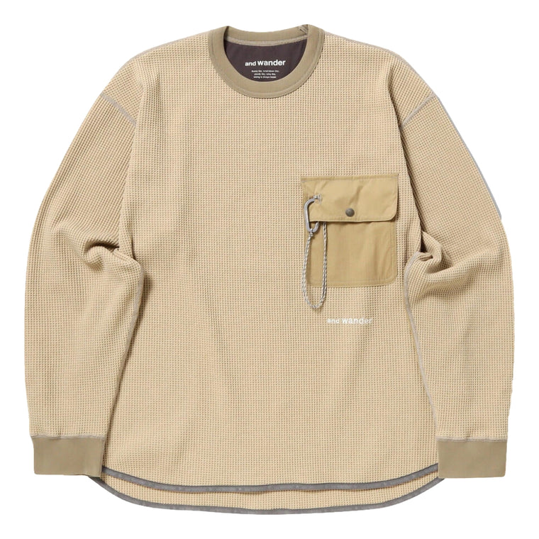 AND WANDER PE WAFFLE LONG SLEEVE T-BEIGE