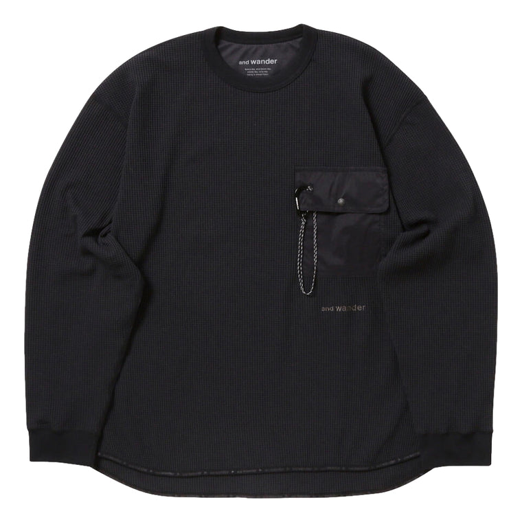 AND WANDER PE WAFFLE LONG SLEEVE T-BLACK