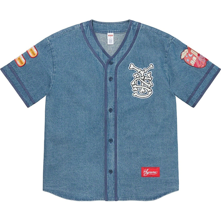 SUPREME PATCHES DENIM BASEBALL JERSEY-MEDIUM WASHED