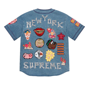 SUPREME PATCHES DENIM BASEBALL JERSEY-MEDIUM WASHED