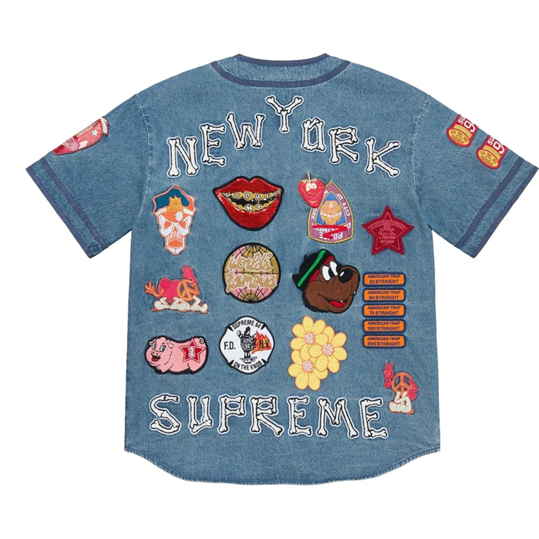 SUPREME PATCHES DENIM BASEBALL JERSEY-MEDIUM WASHED