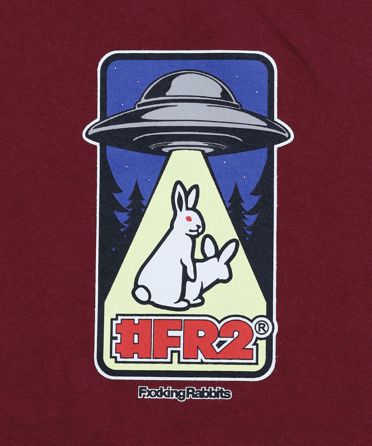 #FR2 RABBITS ABDUCTED BY UFO T-SHIRT-BURGUNDY