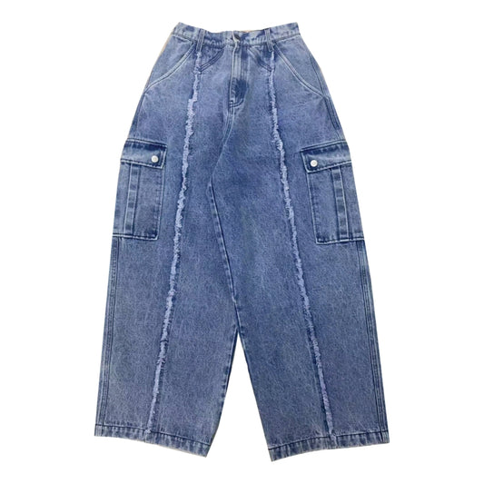 NEUTRAL SOCIETY RAW EDGE DENIM CARGO PANTS-BLUE DENIM