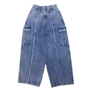 NEUTRAL SOCIETY RAW EDGE DENIM CARGO PANTS-BLUE DENIM