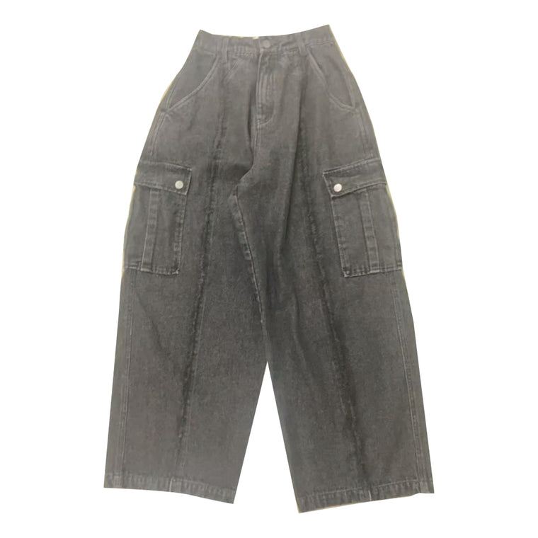 NEUTRAL SOCIETY RAW EDGE DENIM CARGO PANTS-BLACK DENIM