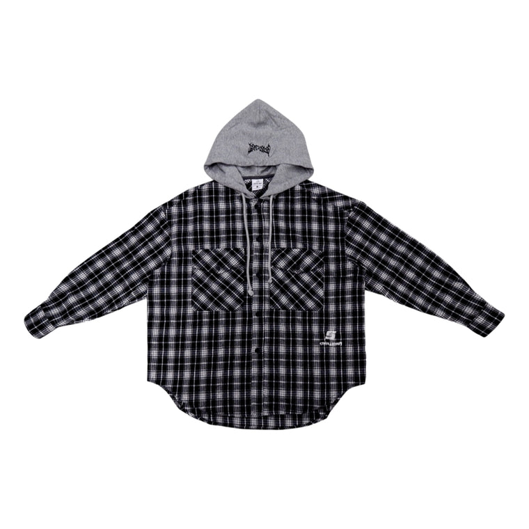 2ND CLOSET "ROCKS N PEACE" CHECK SHIRT W/ HOOD-BLACK