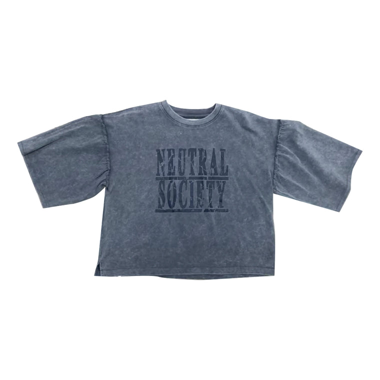 NEUTRAL SOCIETY SNOW WASH SHIRRED SLEEVES TEE-DARK GREY