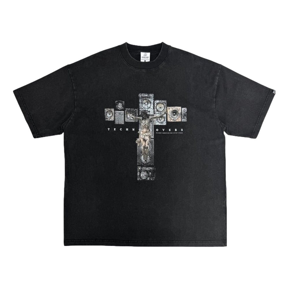 2ND CLOSET "JESUS LOVES TECHNO" WASHED T-SHIRT-WASHED BLACK