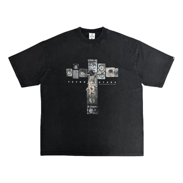 2ND CLOSET "JESUS LOVES TECHNO" WASHED T-SHIRT-WASHED BLACK