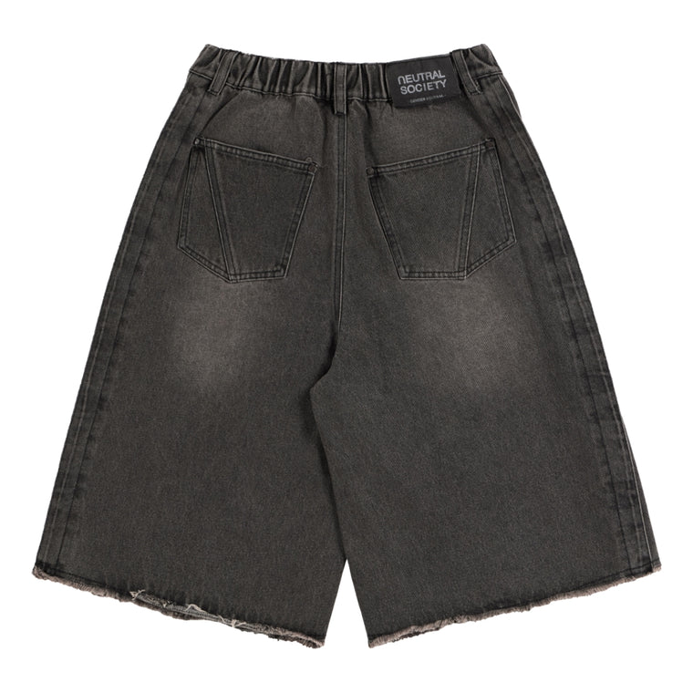 NEUTRAL SOCIETY WASH DENIM WIDE SHORTS-BLACK DENIM