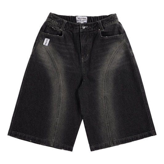 NEUTRAL SOCIETY WASHED DENIM WIDE SHORTS-BLACK DENIM