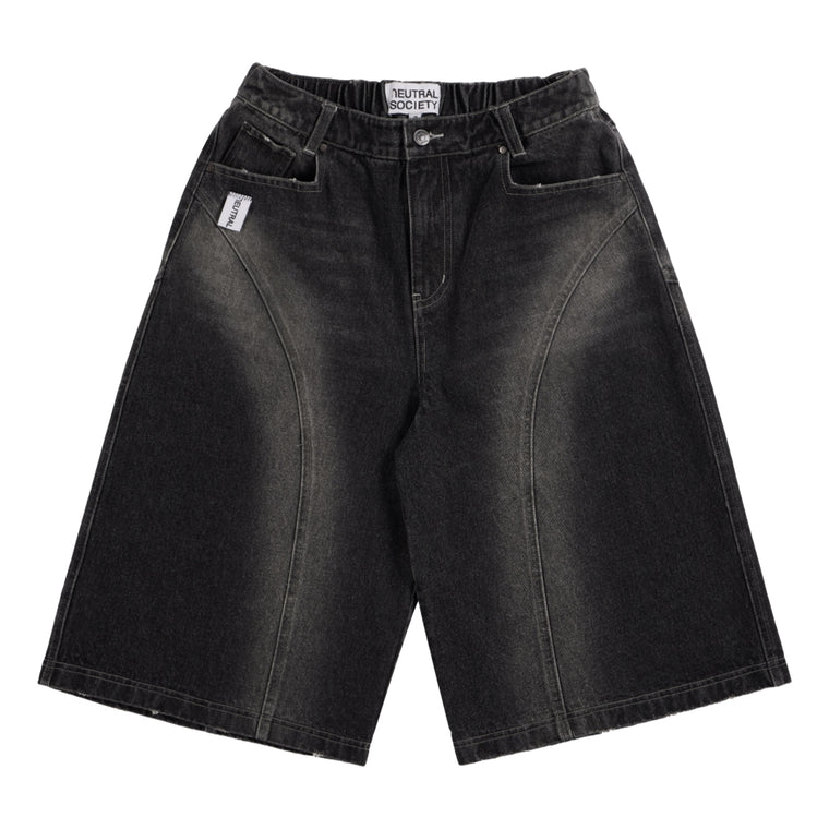 NEUTRAL SOCIETY WASHED DENIM WIDE SHORTS-BLACK DENIM