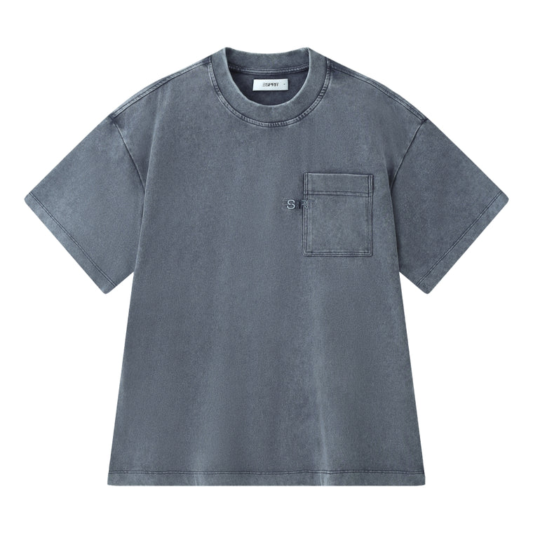 ESPRIT WASHED POCKET EMBROIDERED TEE-DARK GREY