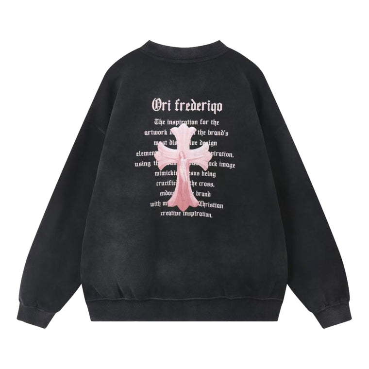 ORI FREDERIQO WASHED PRINT FLEECE CREWNECK SWEATSHIRT-BLACK