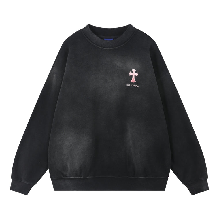 ORI FREDERIQO WASHED PRINT FLEECE CREWNECK SWEATSHIRT-BLACK