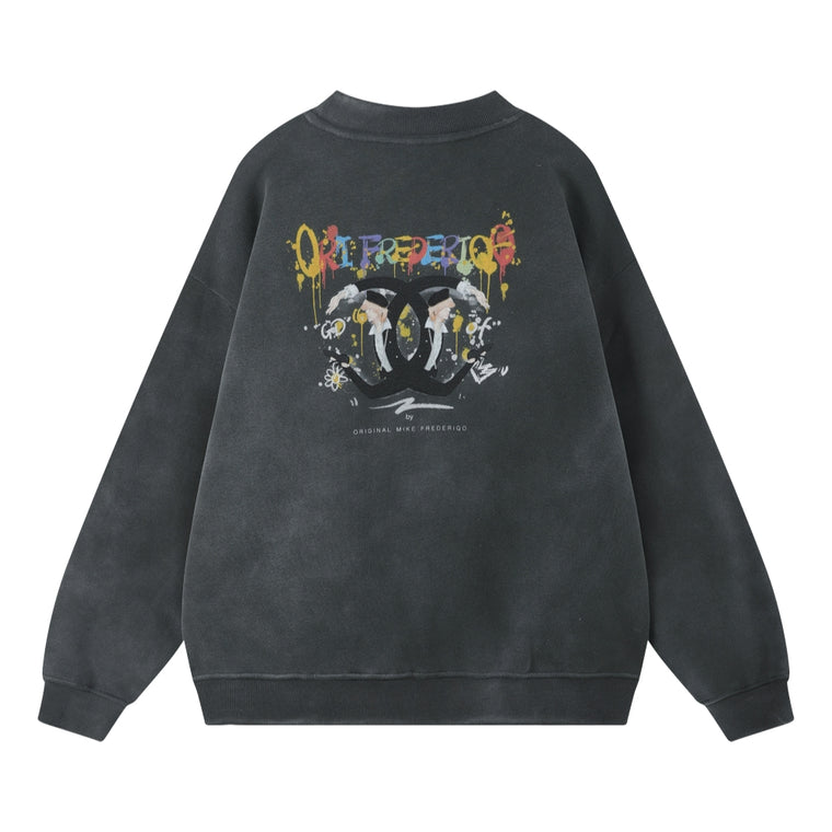 ORI FREDERIQO WASHED PRINT FLEECE CREWNECK SWEATSHIRT-GREY