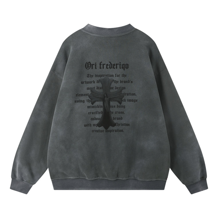 ORI FREDERIQO WASHED PRINT FLEECE CREWNECK SWEATSHIRT-DARK GREY
